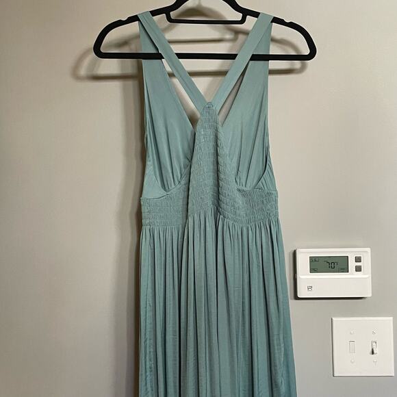 Urban OutFitters Dress Valerie‎ Smocked Satin Midi Pleated V Neck Slip Sz L - Picture 4 of 11